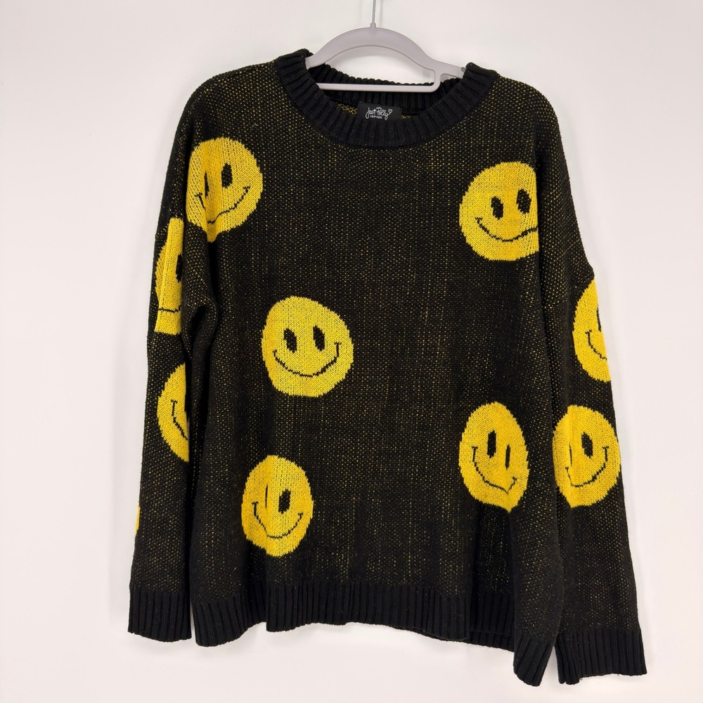 Just Polly Sweater Women Medium Black Yellow Smiley‎ Oversized Pullover 90s Y2K